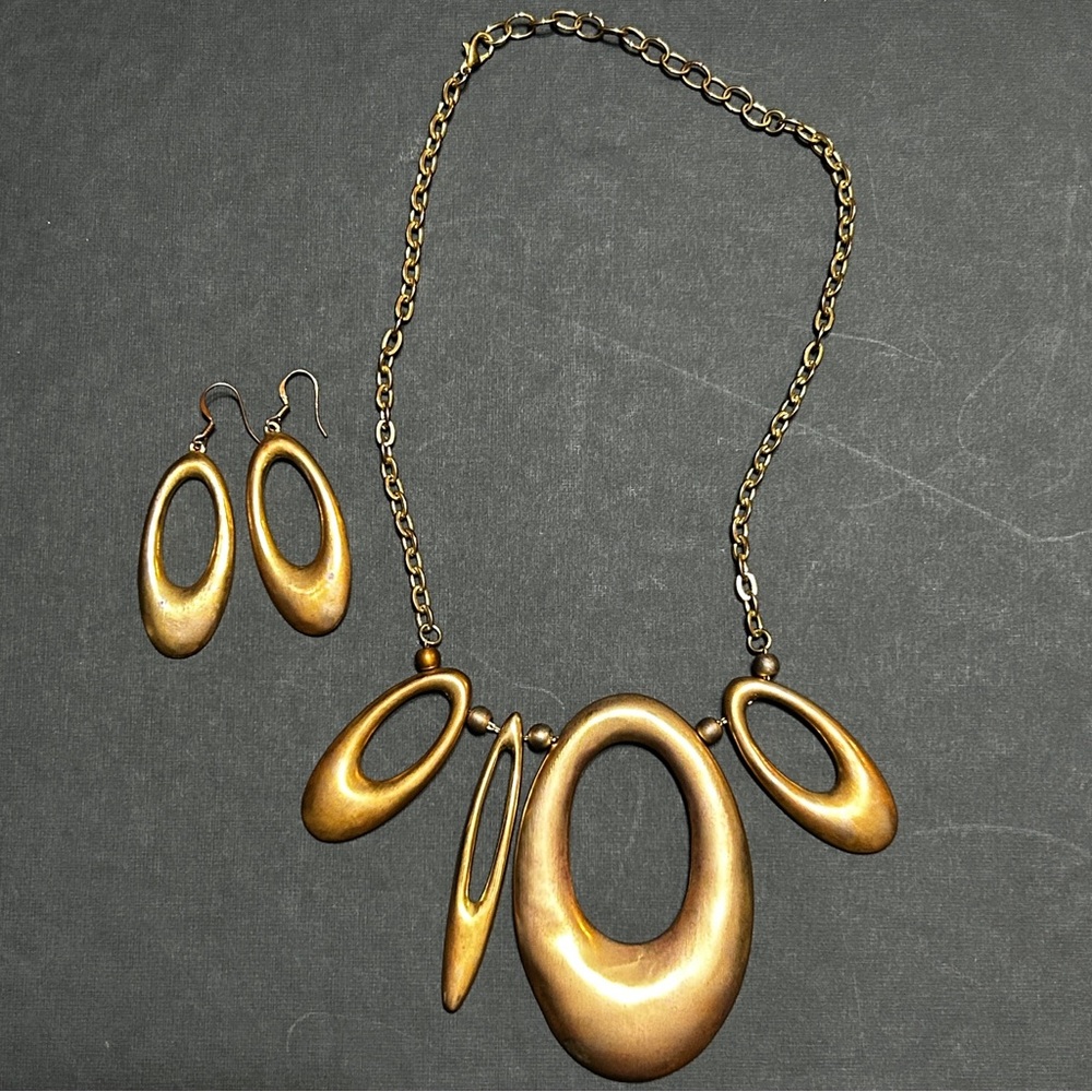 Vintage Matte Brass Asymmetric Statement Necklace & Earring Set